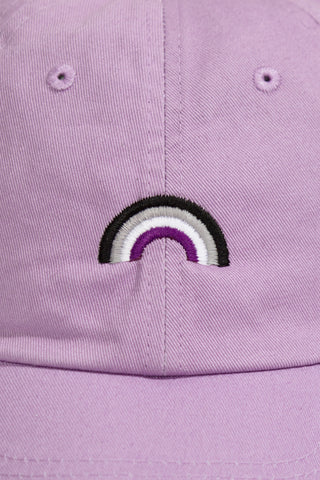 Asexual pride rainbow embroidered on a lilac baseball hat by LGBTQ+ pride store Qweer