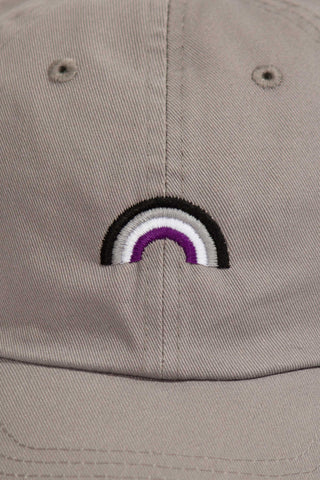 Ace pride rainbow embroidered on a grey baseball hat by LGBTQ+ pride store Qweer