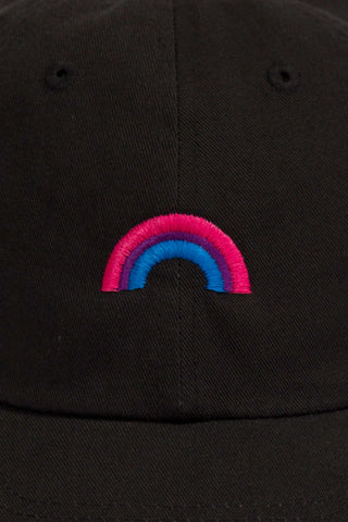 Bi pride rainbow embroidered on a black baseball hat by LGBTQ+ pride merch shop Qweer