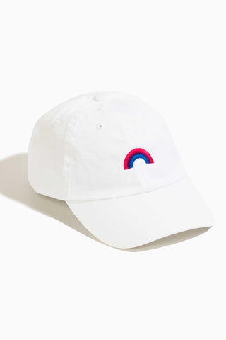 White bisexual pride rainbow baseball hat embroidered by LGBTQ+ pride shop Qweer