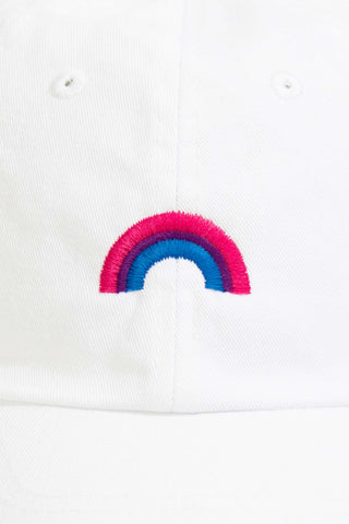 Bi pride rainbow embroidered on a baseball hat by queer-owned pride store Qweer
